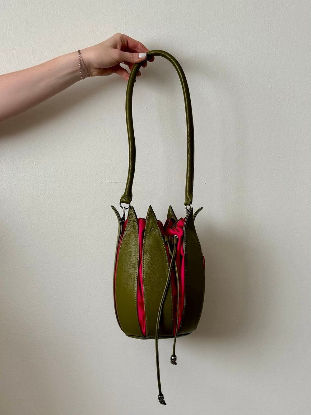 Bylin Tulip Leather Shoulder Purse in Green and Pink